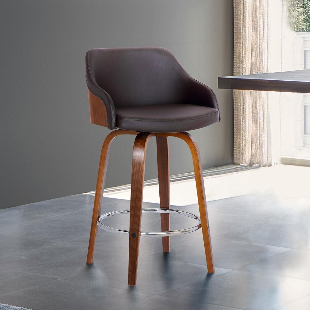 Armen Living - Alec 26in Counter Height Swivel Brown Faux Leather and Walnut Wood Bar Stool - LCAEBAWABR26 veiw 6