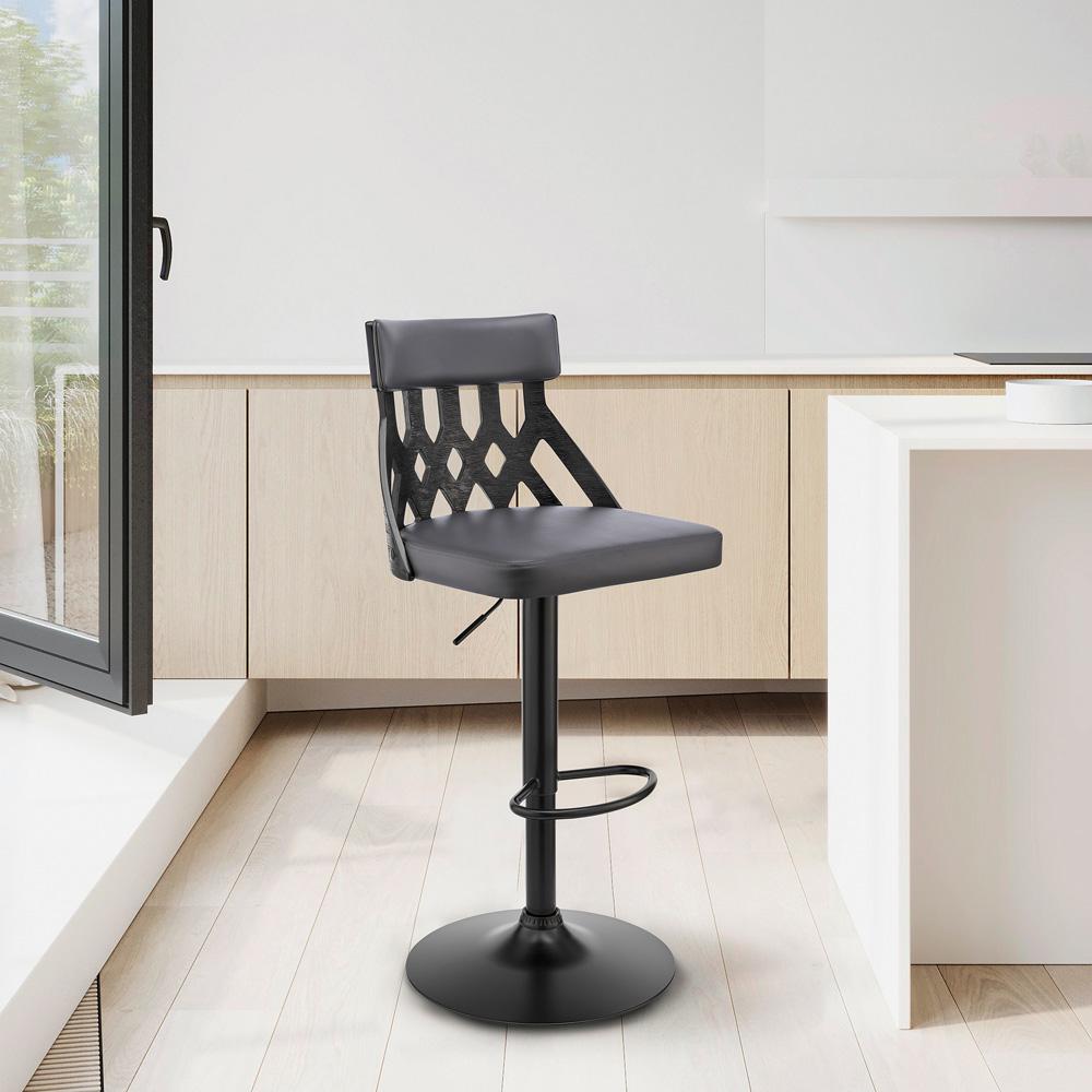 Armen Living - Angelo Adjustable Swivel Grey Faux Leather & Black Wood Bar Stool with Black Base - LCAOBABLGR veiw 9