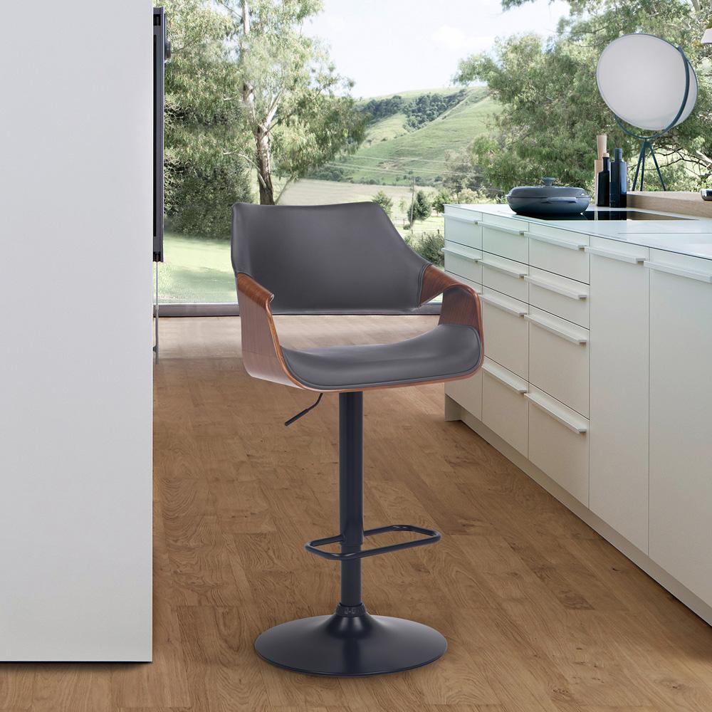 Armen Living - Aspen Adjustable Swivel Grey Faux Leather and Walnut Wood Bar Stool with Black Base - LCASBAWABLGR veiw 9