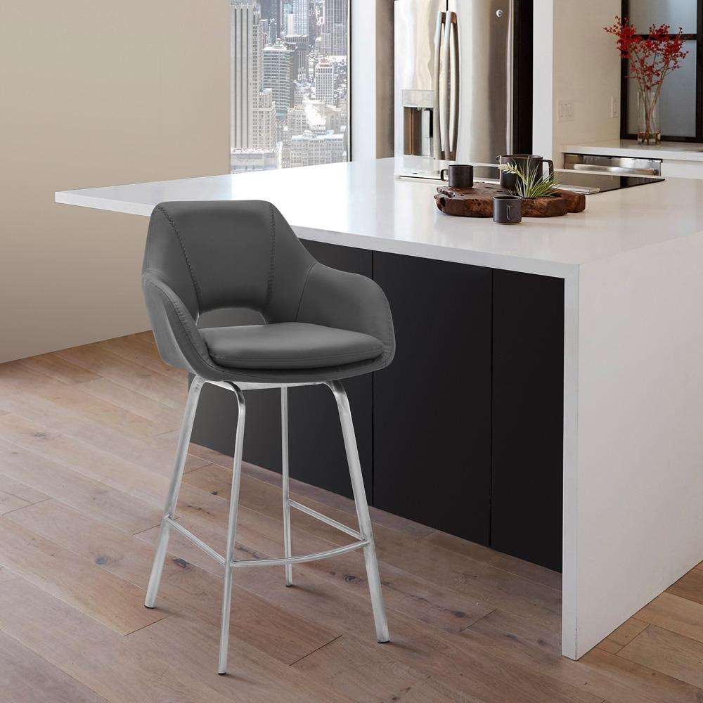 Armen Living - Aura Gray Faux Leather and Brushed Stainless Steel Swivel 30in Bar Stool - LCAUBABSGR30 veiw 10