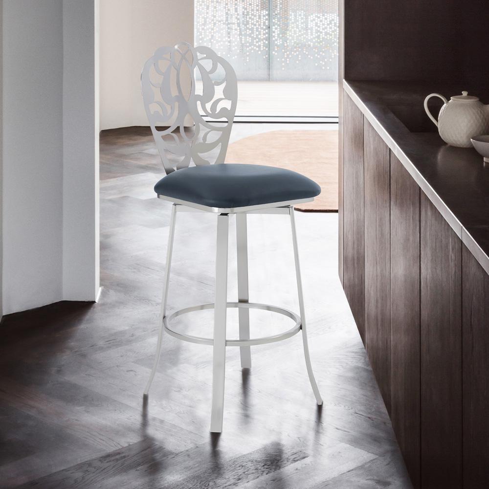 Armen Living - Cherie Contemporary 30in Bar Height Barstool in Brushed Stainless Steel Finish and Gray Faux Leather - LCCHBABSGR30 veiw 7
