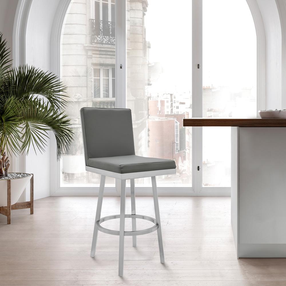 Armen Living - Gem 30in Swivel Modern Metal and Gray Faux Leather Bar and Counter Stool - LCGEBABSGR30 veiw 7