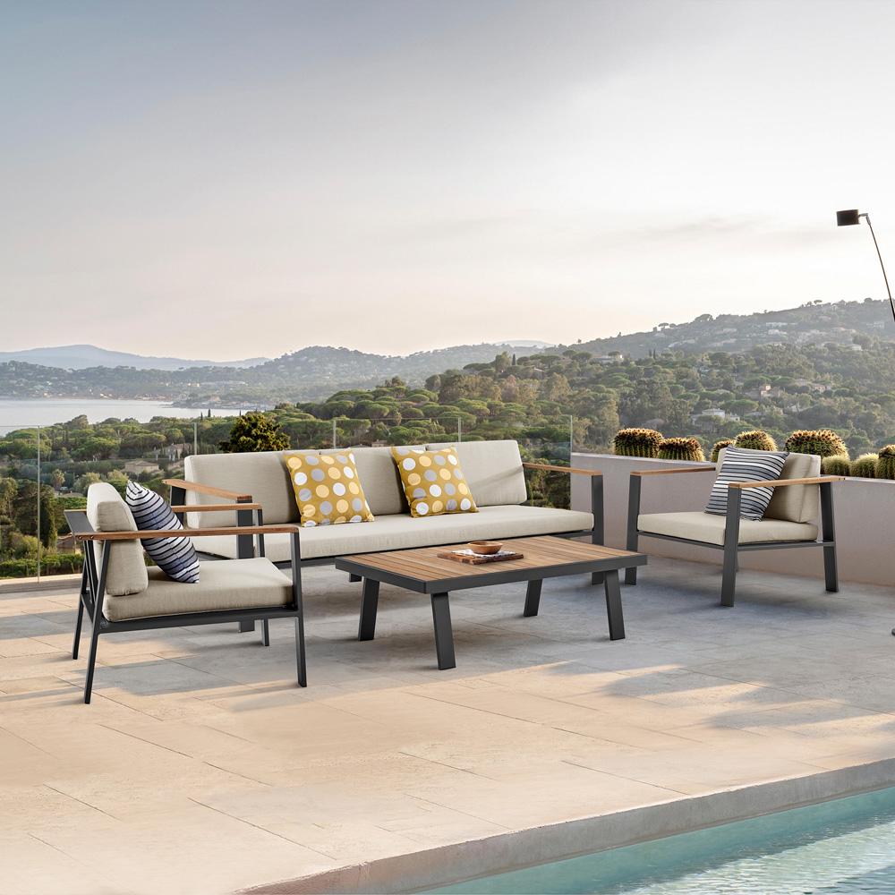 Armen Living - Nofi 4 piece Outdoor Patio Set in Charcoal Finish with Taupe Cushions and Teak Wood - SETODNOBE veiw 10