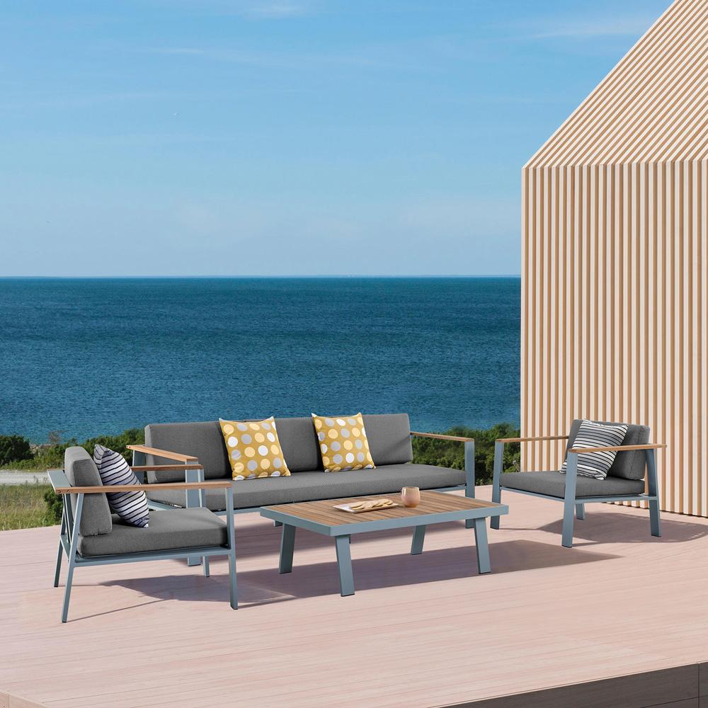 Armen Living - Nofi 4 piece Outdoor Patio Set in Gray Finish with Gray Cushions and Teak Wood - SETODNOGR veiw 10