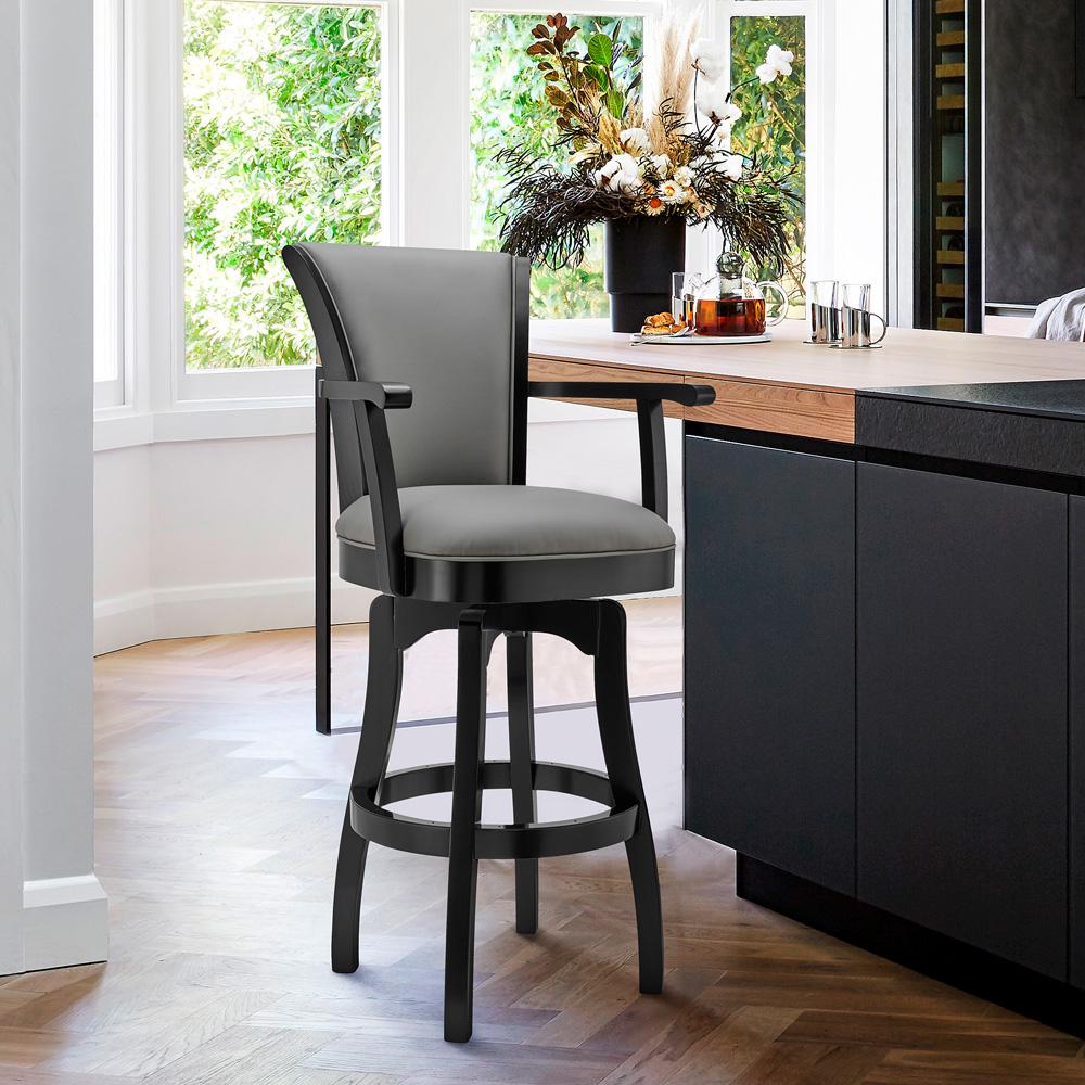Armen Living - Raleigh 30in Bar Height Swivel Grey Faux Leather and Black Wood Arm Bar Stool - LCRABAARBLGR30 veiw 7
