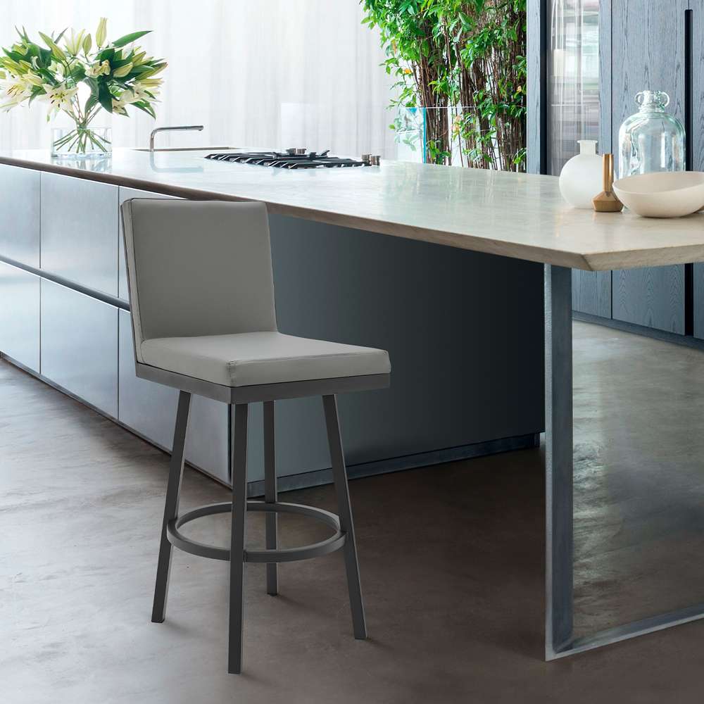 Armen Living - Rochester 30in Swivel Modern Black Metal and Grey Faux Leather Barstool - 721535752171 veiw 6