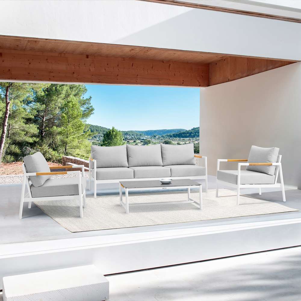 Armen Living - Royal 4 Piece White Aluminum and Teak Outdoor Seating Set with Light Gray Cushions - 840254332874 veiw 7