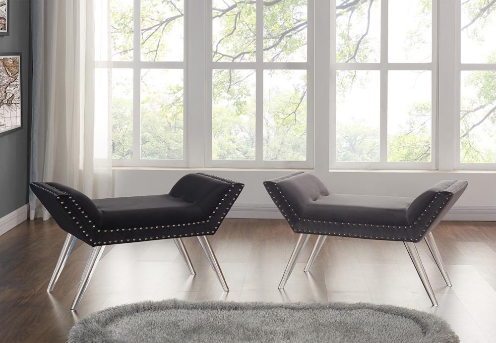 Armen Living - Silas Ottoman Bench in Black Tufted Velvet with Nailhead Trim and Acrylic Legs - LCSIBEBL veiw 3