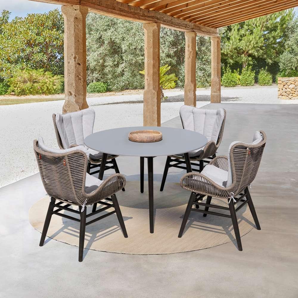 Armen Living - Sydney and Fanny 5 Piece Outdoor Patio Dining Set in Dark Eucalyptus Wood with Truffle Rope and Grey Cushions - 840254335950 veiw 9