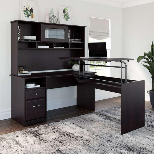 Bush Furniture - Cabot 60W 3 Position L Shaped Sit to Stand Desk with Hutch in Espresso Oak - CAB045EPO veiw 2