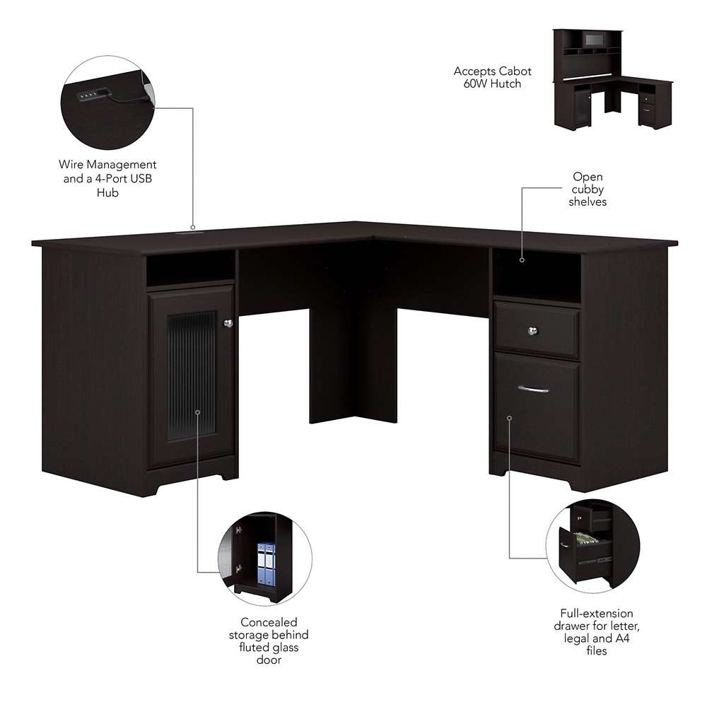 Bush Furniture - Cabot 60W L Shaped Computer Desk with Hutch in Espresso Oak - CAB001EPO veiw 7