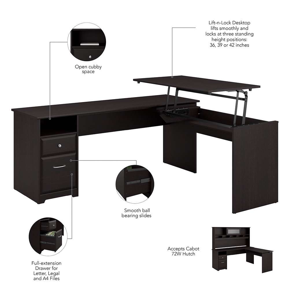 Bush Furniture - Cabot 72W 3 Position L Shaped Sit to Stand Desk with Hutch in Espresso Oak - CAB052EPO veiw 7