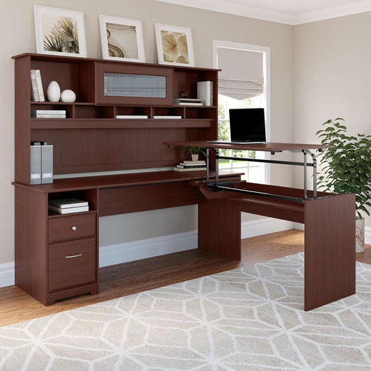 Bush Furniture - Cabot 72W 3 Position L Shaped Sit to Stand Desk with Hutch in Harvest Cherry - CAB052HVC veiw 2