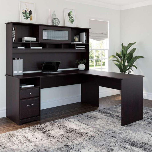 Bush Furniture - Cabot 72W L Shaped Computer Desk with Hutch and Drawers in Espresso Oak - CAB053EPO veiw 2