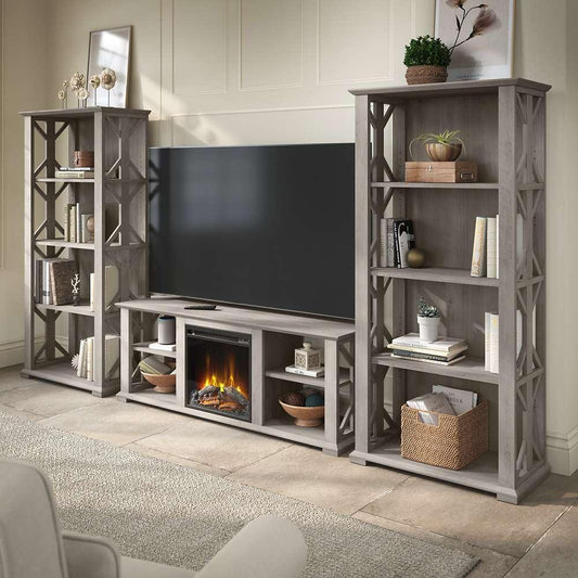 Bush Furniture - Homestead 60W Fireplace TV Stand w Bookcases in Driftwood Gray - HOT014DG veiw 2