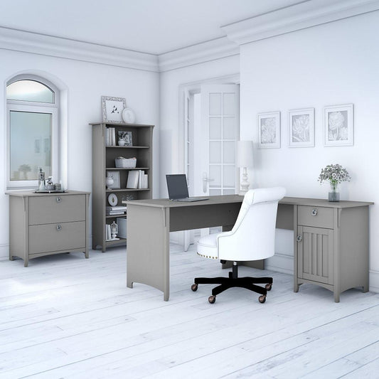 Bush Furniture - Salinas 60W L Shaped Desk with Lateral File Cabinet and Bookcase in Cape Cod Gray - SAL003CG veiw 2