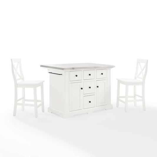 Crosley Furniture - Julia Stainless Steel Top Island W/X-Back Stools White/White - Island & 2 Stools - KF30064WH-WH veiw 2