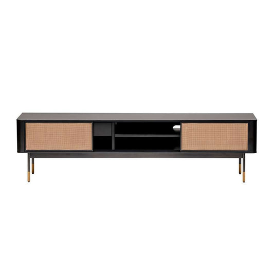 Euro Style - Miriam 71in Media Stand in Black with Natural Wicker - 94218BLK veiw 2