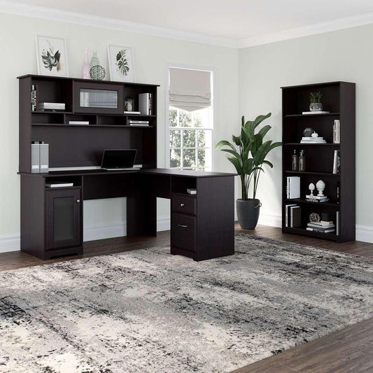 Bush Furniture - Cabot 60W L Shaped Computer Desk with Hutch and 5 Shelf Bookcase in Espresso Oak - CAB011EPO veiw 2