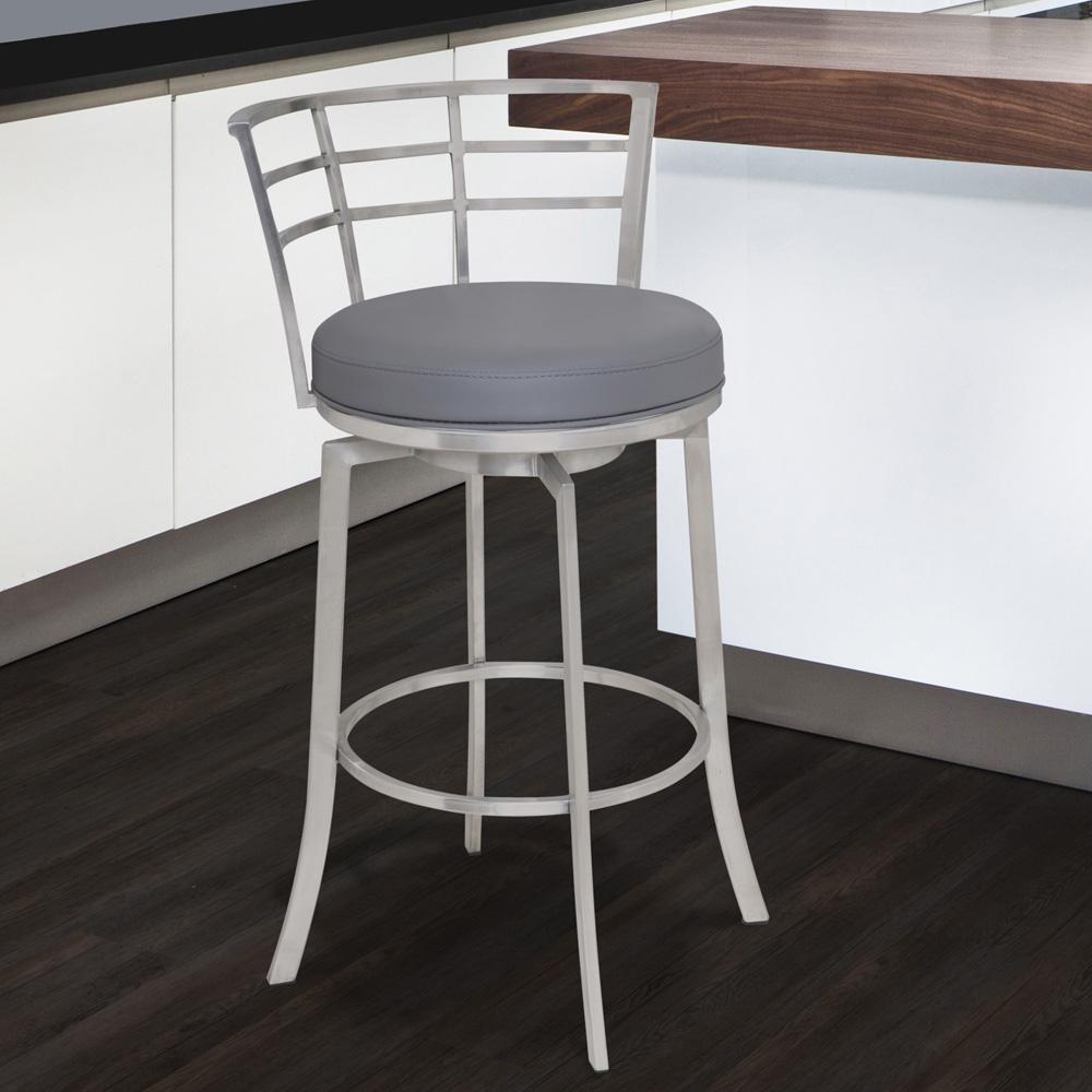 Armen Living - Viper 30in Bar Height Swivel Grey Faux Leather and Brushed Stainless Steel Bar Stool - LCVI30BAGR veiw 4
