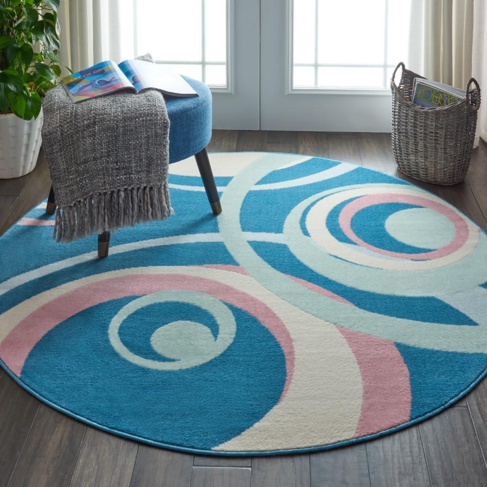 Nourison - Grafix GRF21 Blue and Pink 53in x Round Mid-century Area Rug - GRF21-99446481740_CLOSEOUT veiw 2