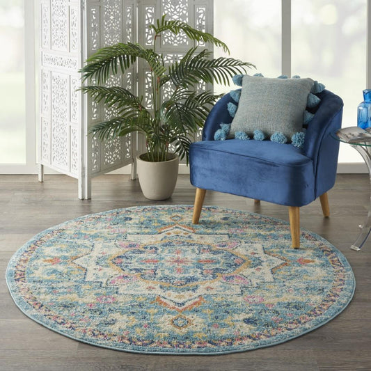 Nourison - Passion 53in x Round Ivory, Light Blue Bohemian Area Rug - PSN25-99446747938 veiw 2