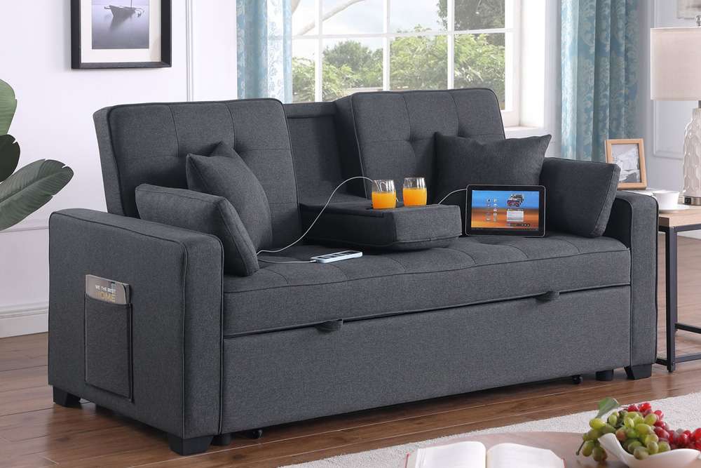 Lilola Home - Cody II 69.5inW Dark Gray Linen Convertible Sleeper Loveseat with Cup Holder, Charging Ports and Pocket - 83083 veiw 6