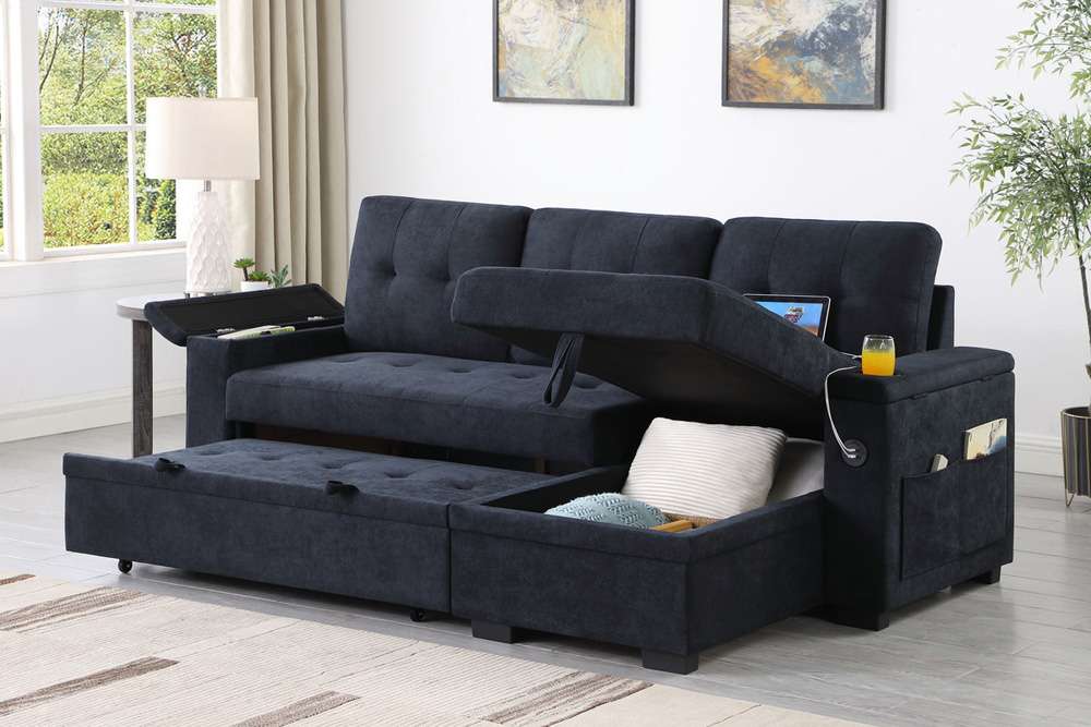 Lilola Home - Ashlyn II 84inW Dark Gray Woven Fabric Reversible Sleeper Sectional Sofa with Storage Chaise, Storage Arm, Cup Holder, Charging Ports, and Pockets - 81445 veiw 6