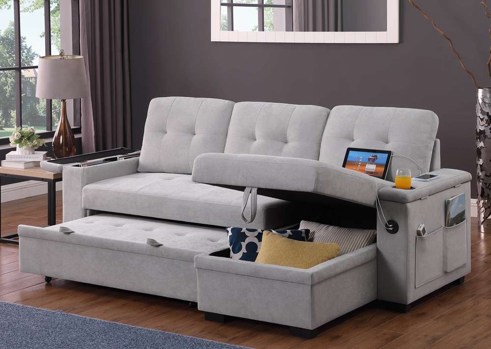 Lilola Home - Ashlyn II 84inW Gray Woven Fabric Reversible Sleeper Sectional Sofa with Storage Chaise, Storage Arm, Cup Holder, Charging Ports, and Pockets - 81446 veiw 6