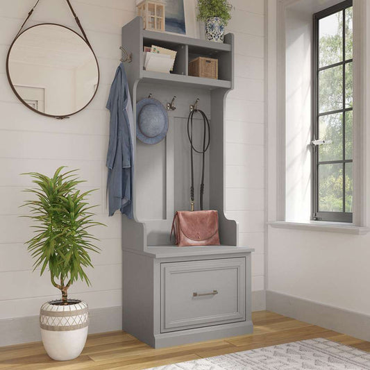 Bush Furniture - Woodland 24W Hall Tree and Small Shoe Bench with Drawer in Cape Cod Gray - WDL007CG veiw 2