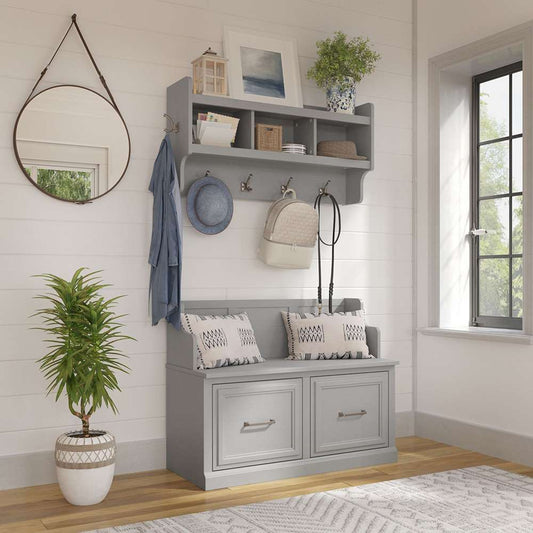 Bush Furniture - Woodland 40W Entryway Bench with Doors and Wall Mounted Coat Rack in Cape Cod Gray - WDL009CG veiw 2