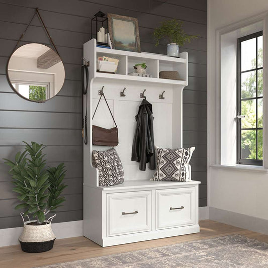 Bush Furniture - Woodland 40W Hall Tree and Shoe Storage Bench with Doors in White Ash - WDL001WAS veiw 2