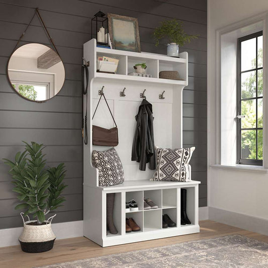 Bush Furniture - Woodland 40W Hall Tree and Shoe Storage Bench with Shelves in White Ash - WDL002WAS veiw 2
