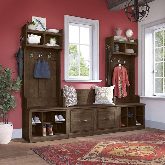 Bush Furniture - Woodland Entryway Storage Set with Hall Trees and Shoe Bench with Doors in Ash Brown - WDL011ABR veiw 2