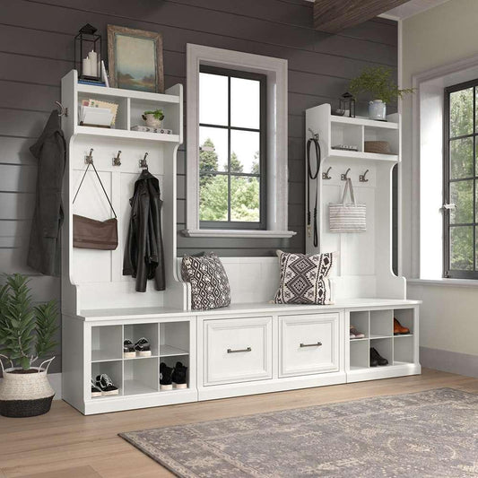 Bush Furniture - Woodland Entryway Storage Set with Hall Trees and Shoe Bench with Doors in White Ash - WDL011WAS veiw 2