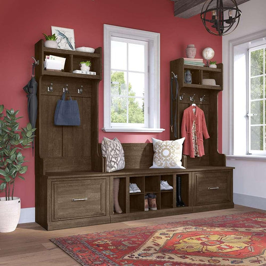 Bush Furniture - Woodland Entryway Storage Set with Hall Trees and Shoe Bench with Drawers in Ash Brown - WDL012ABR veiw 2