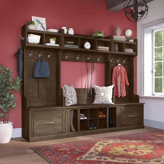 Bush Furniture - Woodland Full Entryway Storage Set with Coat Rack and Shoe Bench with Drawers in Ash Brown - WDL014ABR veiw 2
