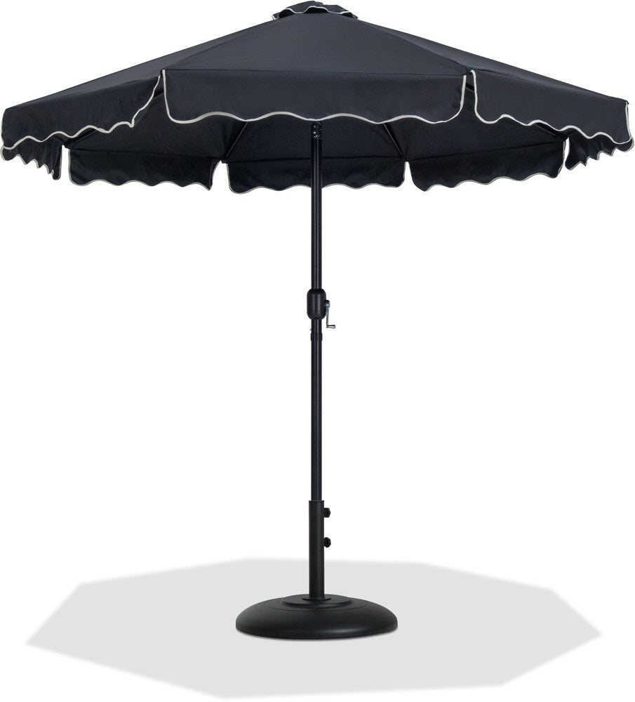 Meridian Furniture - Amalfi Black Fabric With Cream Piping / Matte Black Aluminum Patio Umbrella with Base Sets - 55019Black-BB veiw 1