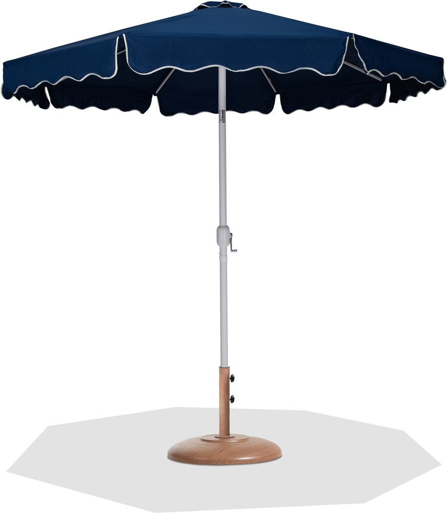 Meridian Furniture - Amalfi Navy Fabric With Cream Piping / Teak Aluminum Patio Umbrella with Base Sets - 55018Navy-BT veiw 1
