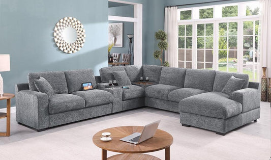 Lilola Home - Celine 141.5inW Light Gray Chenille Fabric Corner Sectional Sofa with Right-Facing Chaise, Cupholders, and Charging Ports-89297 veiw 2