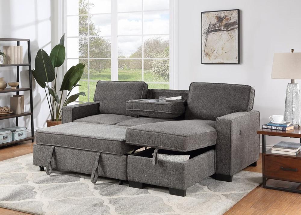Lilola Home - Estelle 86.5inW Dark Gray Fabric Reversible Sleeper Sectional with Storage Chaise Drop-Down Table 2 Cup Holders and 2 USB Ports-81353 veiw 7