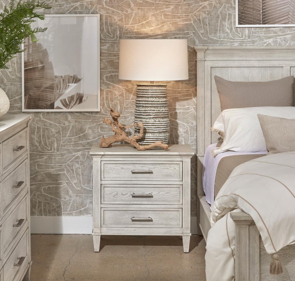 Magnussen - White and Dinara Taupe Fabric and Tumbled Silver - Drawer Nightstand - B7007-01_CLOSEOUT veiw 3
