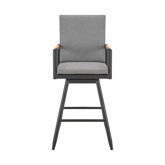 Armen Living - Crown Outdoor Patio Swivel Bar Stool in Aluminum with Tan Rope and Dark Gray Cushions - LCCRSWBABLKDGRY30 veiw 2