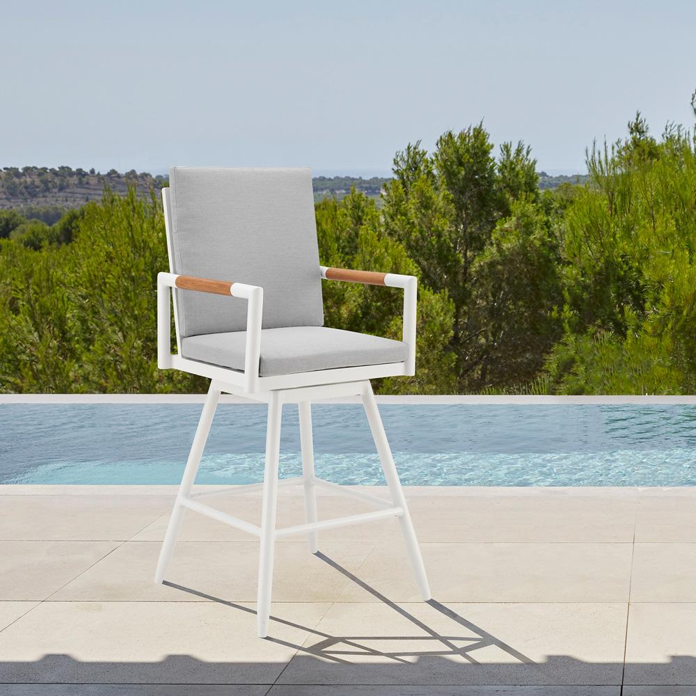 Armen Living - Crown Outdoor Patio Swivel Bar Stool in Aluminum with Brown Rope and Light Gray Cushions - LCCRSWBAWH30 veiw 7
