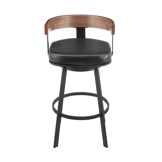 Armen Living - Idris 26in Swivel Counter Stool in Black Iron with Walnut Finish and Vintage Black Faux Leather - LCIDBABLKWA26 veiw 2