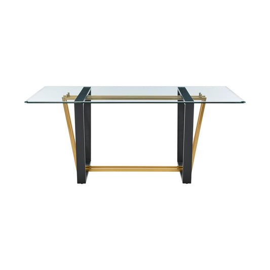 Armen Living - Kai 72in Rectangular Dining Table in Gold Stainless Steel and Black Iron Base with Glass Tabletop - LCKADIBGLBLK veiw 2