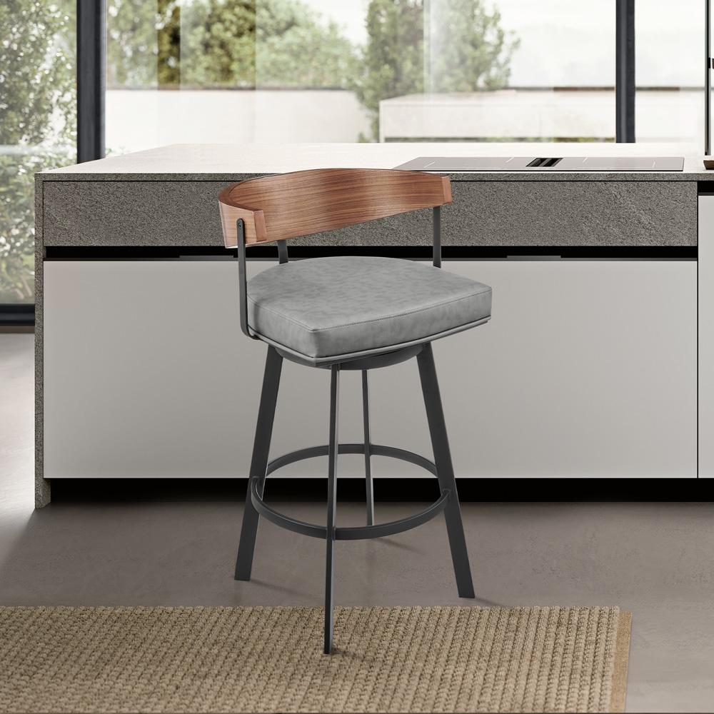 Armen Living - Lacey 30in Swivel Bar Stool in Black Iron with Walnut Finish and Vintage Gray Faux Leather - LCLABAGRYWA30 veiw 7