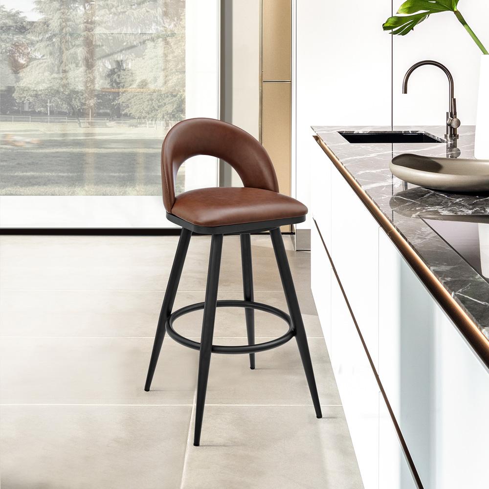 Armen Living - Lottech Swivel Bar Stool in Black Metal with Brown Faux Leather - 840254335394 veiw 7