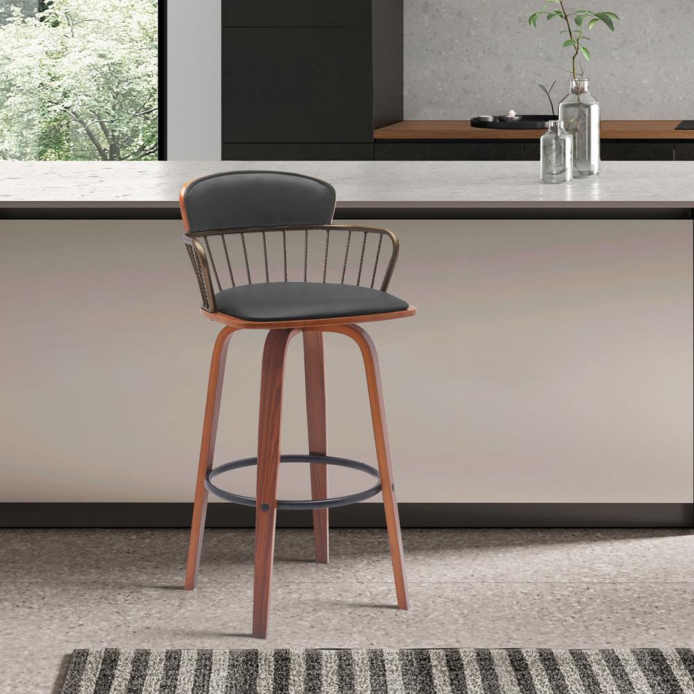 Armen Living - Willow 25.5in Swivel Walnut Wood Counter Stool in Black Faux Leather with Golden Bronze Metal - LCWIBAWABLK26 veiw 7