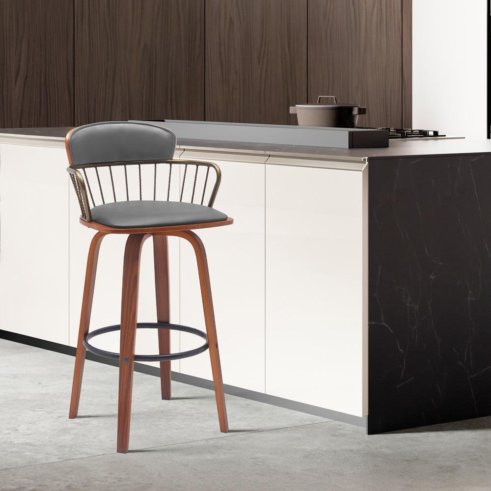 Armen Living - Willow 30in Swivel Walnut Wood Bar Stool in Gray Faux Leather with Golden Bronze Metal - LCWIBAWAGRY30 veiw 7